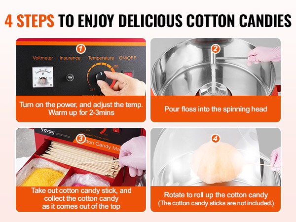 4 steps to use VEVOR cotton candy machine: power on, pour floss, collect on stick, and roll.