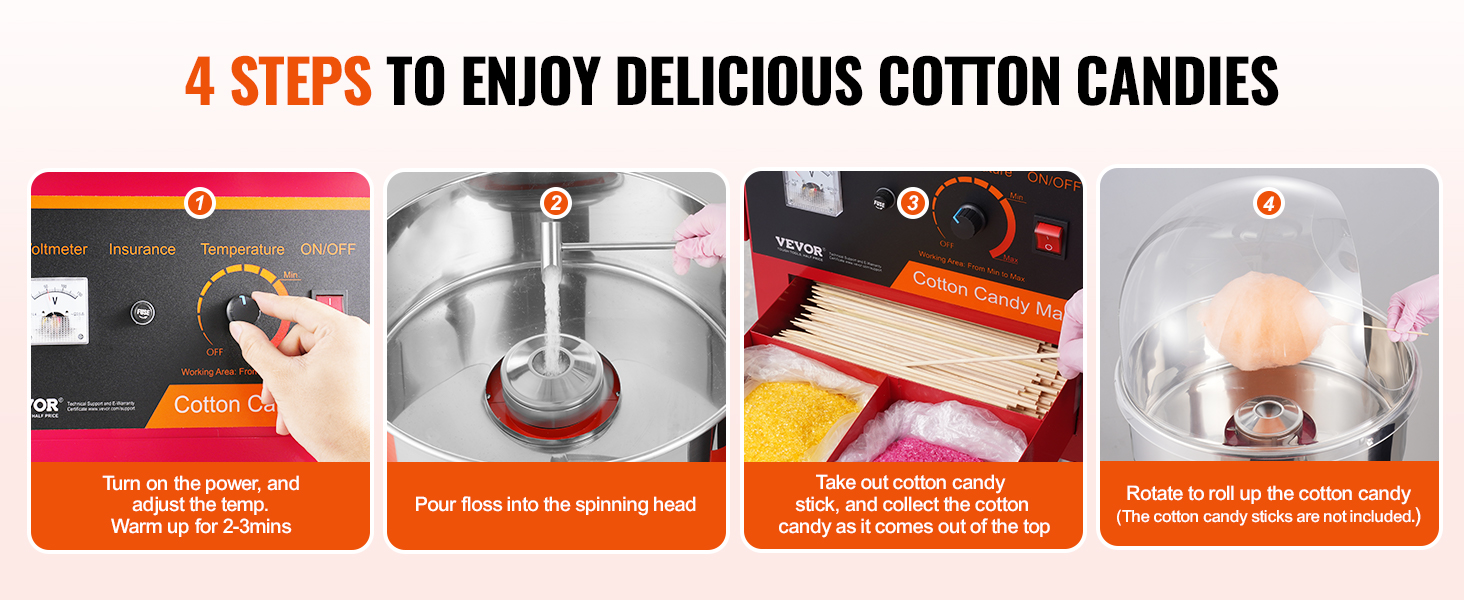 4 steps to use VEVOR cotton candy machine: power on, pour floss, collect on stick, and roll.