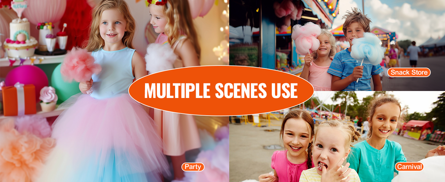 children enjoying cotton candy at a party, snack store, and carnival; showcasing the VEVOR cotton candy machine.