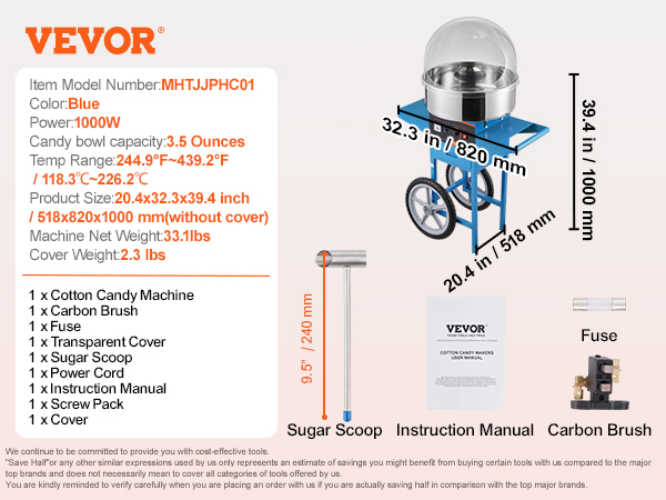 VEVOR electric cotton candy machine with a 3.5-ounce bowl, 1000w power, blue color, and included accessories.