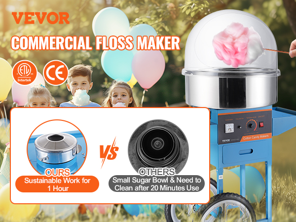 VEVOR electric cotton candy machine showcased with colorful balloons and children in the background.