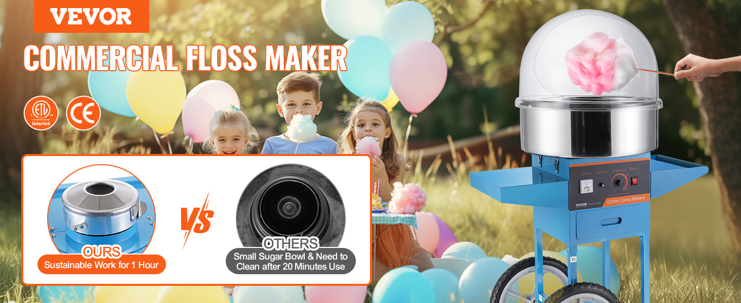 VEVOR electric cotton candy machine showcased with colorful balloons and children in the background.