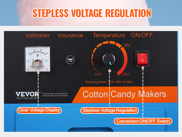 VEVOR electric cotton candy machine control panel with clear voltage display, stepless regulation, and on/off switch.