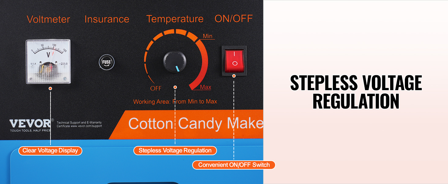 VEVOR electric cotton candy machine control panel with clear voltage display, stepless regulation, and on/off switch.