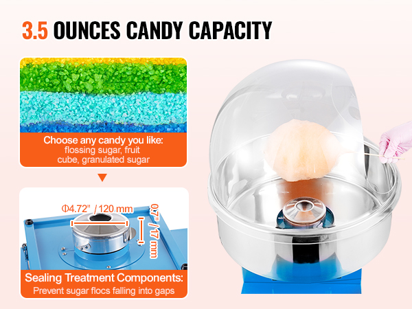 VEVOR electric cotton candy machine with 3.5 ounces candy capacity and versatile sugar options.
