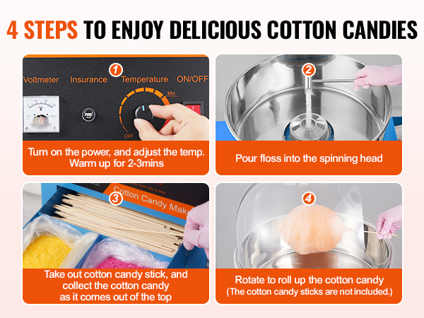 4 steps guide to make cotton candy with the VEVOR electric cotton candy machine, showing each process.