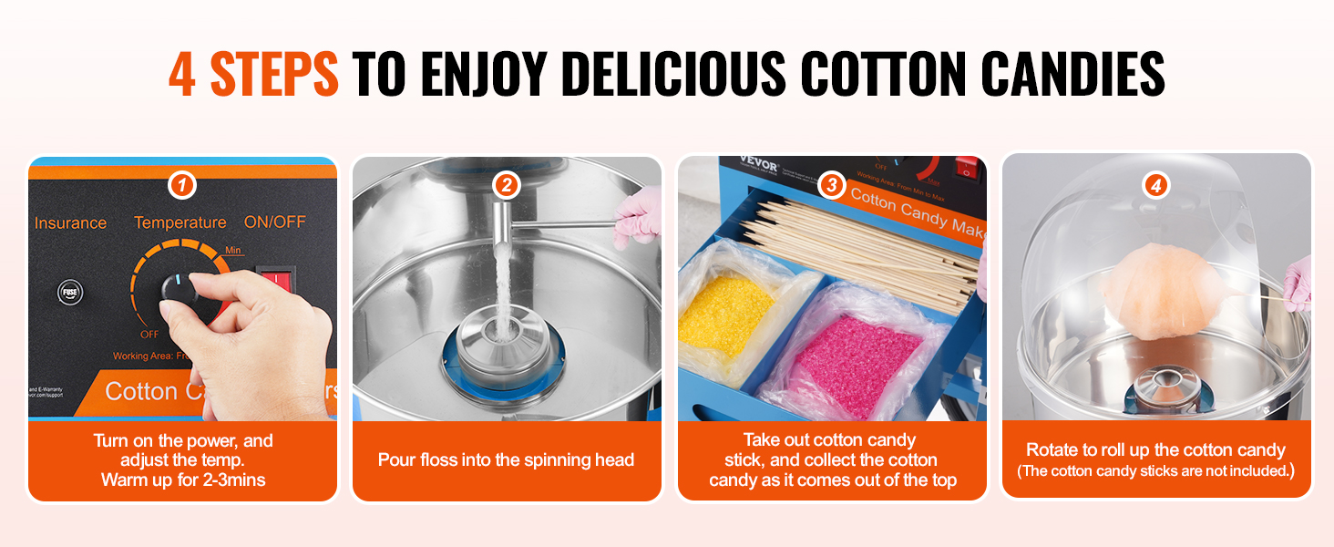 4 steps guide to make cotton candy with the VEVOR electric cotton candy machine, showing each process.