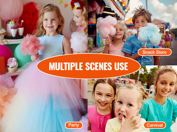 VEVOR electric cotton candy machine for parties, snack stores, and carnivals with happy kids enjoying.
