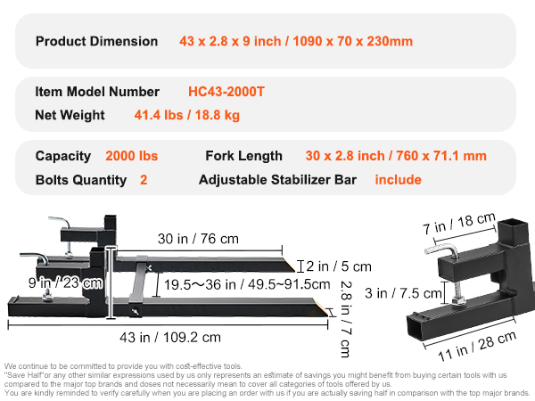 VEVOR pallet forks dimensions and specifications, including capacity, weight, and adjustable stabilizer bar.
