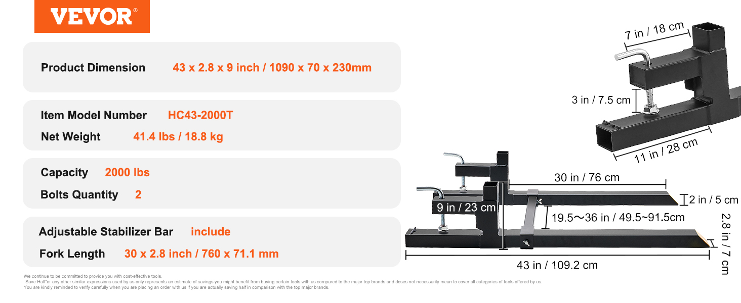 VEVOR pallet forks dimensions and specifications, including capacity, weight, and adjustable stabilizer bar.
