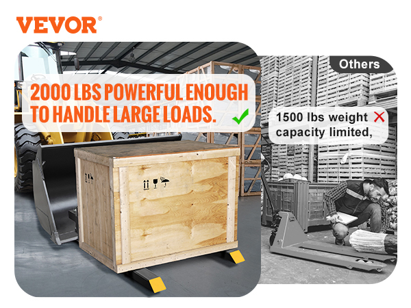 VEVOR pallet forks lifting large crate, 2000 lbs capacity, contrasted with limited 1500 lbs others.