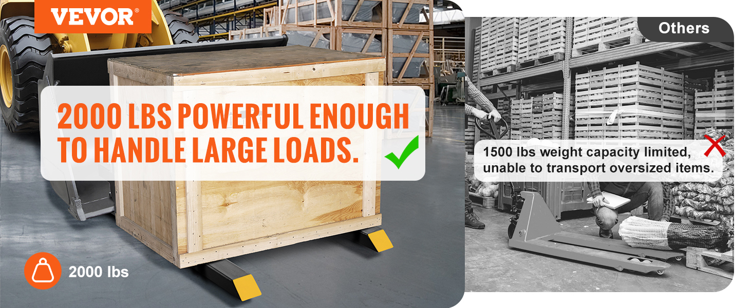 VEVOR pallet forks lifting large crate, 2000 lbs capacity, contrasted with limited 1500 lbs others.