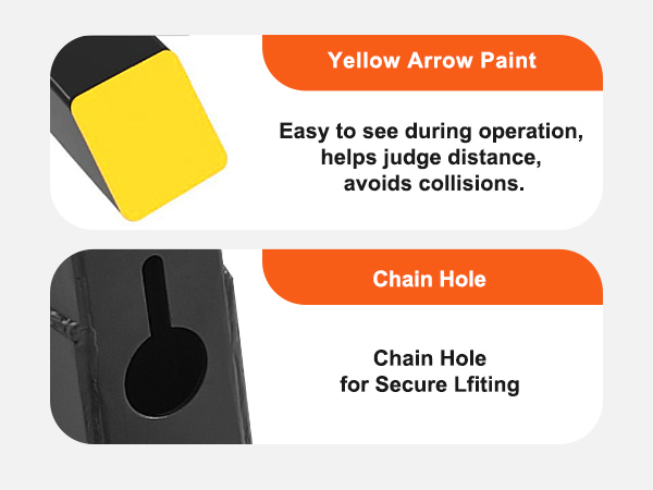 VEVOR pallet forks with yellow arrow paint and chain hole for secure lifting.