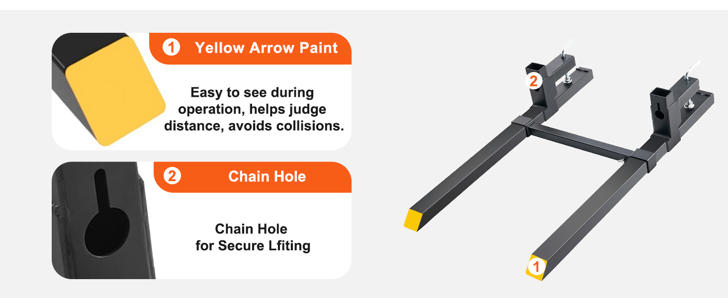 VEVOR pallet forks with yellow arrow paint and chain hole for secure lifting.