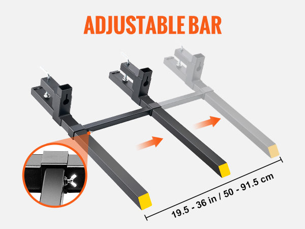 VEVOR pallet forks adjustable bar, preventing separation, with a range of 19.5 to 36 inches.