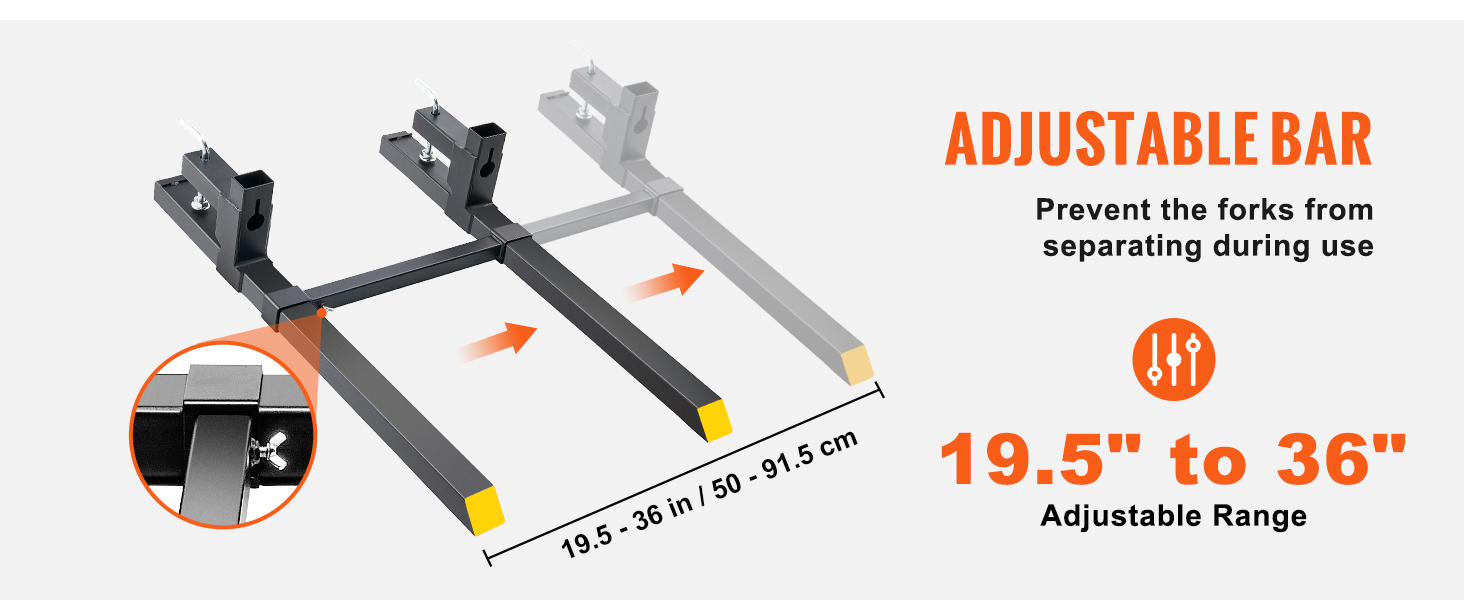 VEVOR pallet forks adjustable bar, preventing separation, with a range of 19.5 to 36 inches.