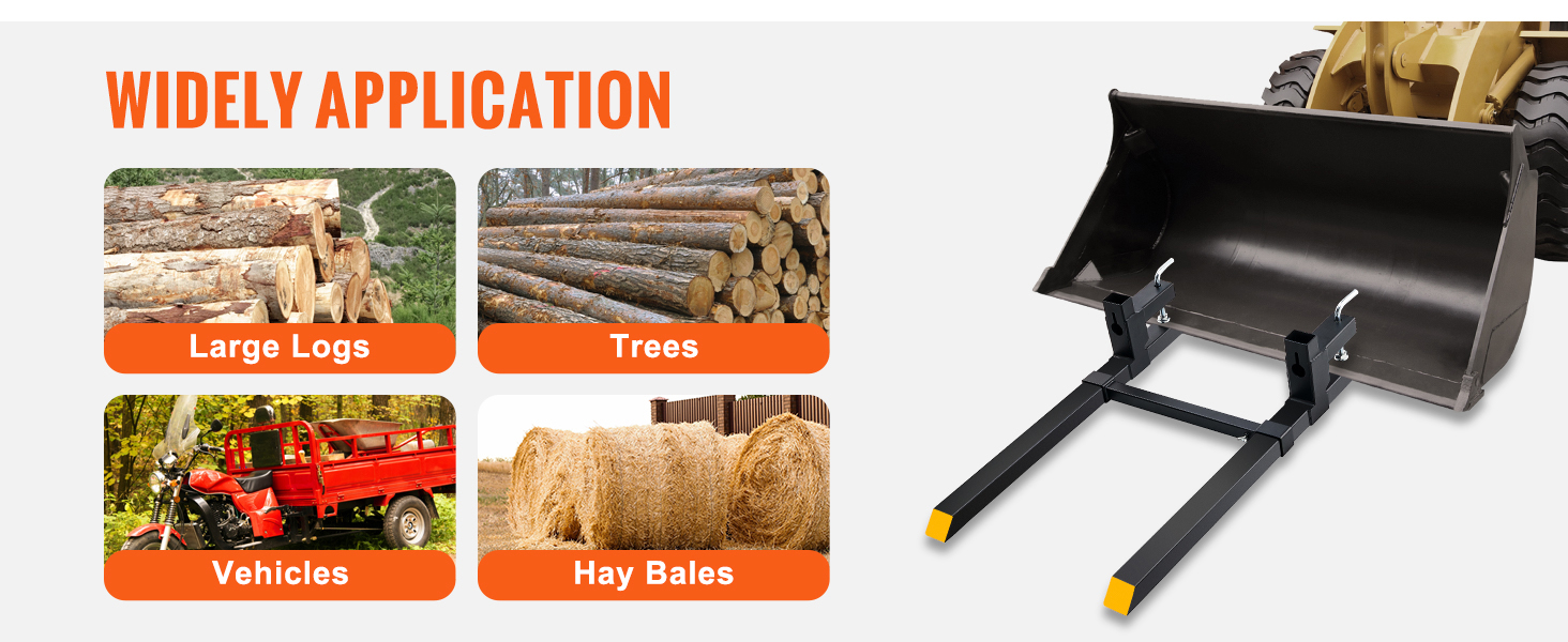 VEVOR pallet forks for lifting large logs, trees, vehicles, hay bales with wide application.
