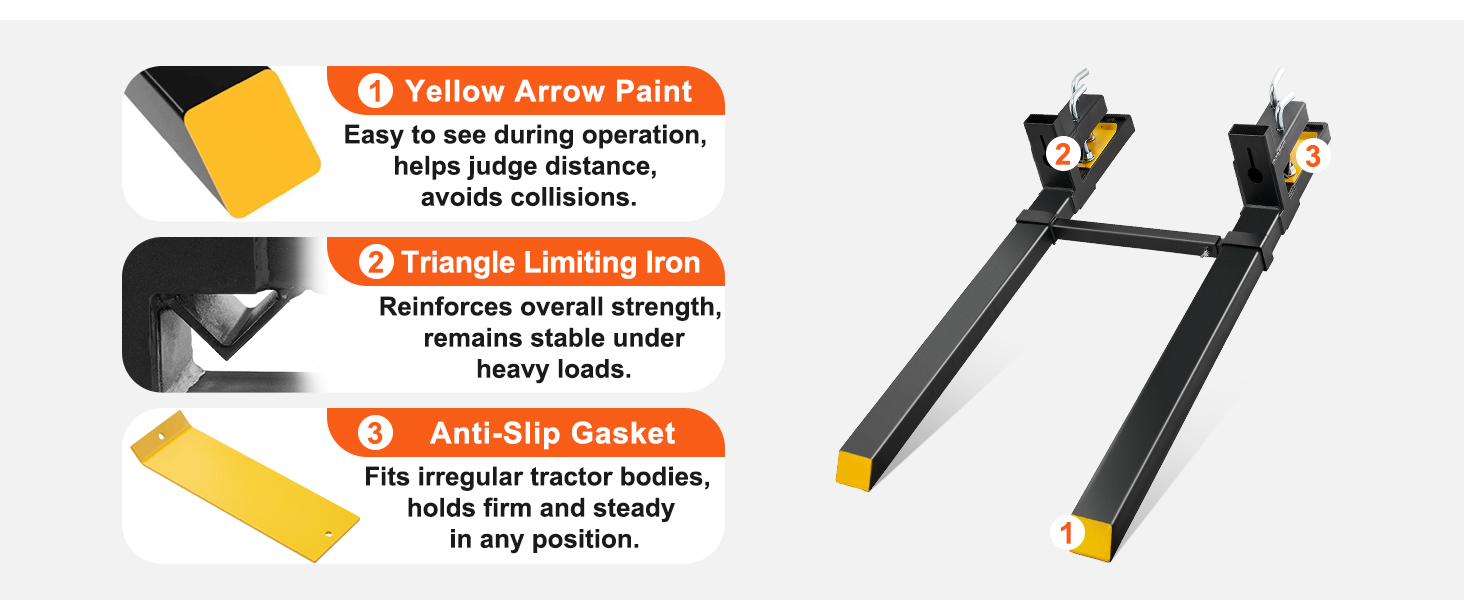 VEVOR pallet forks with yellow arrow paint, triangle limiting iron, and anti-slip gasket for stability.