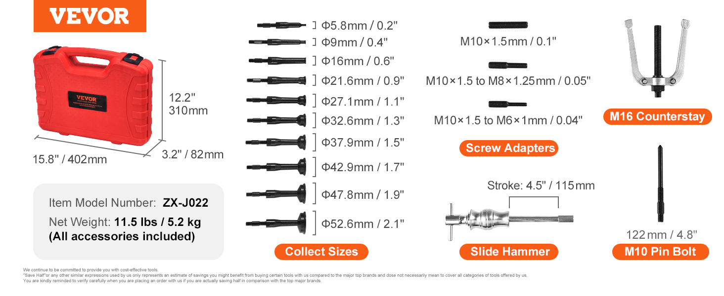 VEVOR blind hole bearing puller set with red case, various collect sizes, screw adapters, and slide hammer.