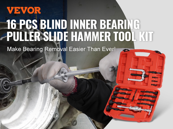 VEVOR blind hole bearing puller set, 16 pcs with slide hammer tool kit, and carrying case.