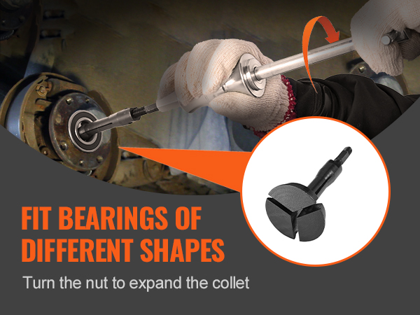 mechanic using VEVOR blind hole bearing puller set, showing collet expansion for various bearing shapes.