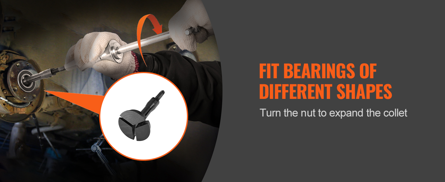mechanic using VEVOR blind hole bearing puller set, showing collet expansion for various bearing shapes.