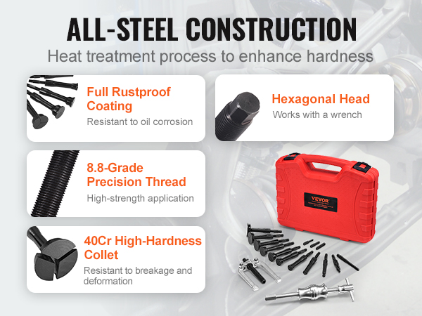 VEVOR blind hole bearing puller set in red case, showcasing all-steel construction and rustproof coating.