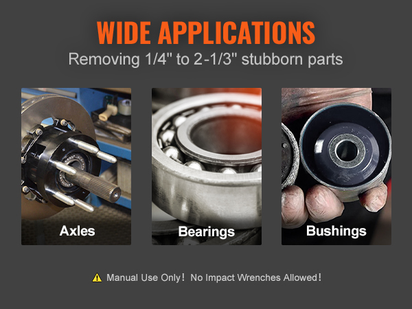 wide applications of VEVOR blind hole bearing puller set on axles, bearings, and bushings. manual use only.