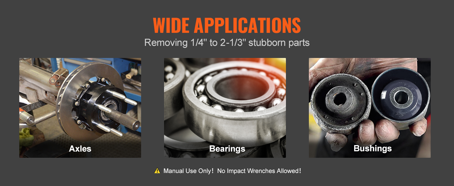 wide applications of VEVOR blind hole bearing puller set on axles, bearings, and bushings. manual use only.
