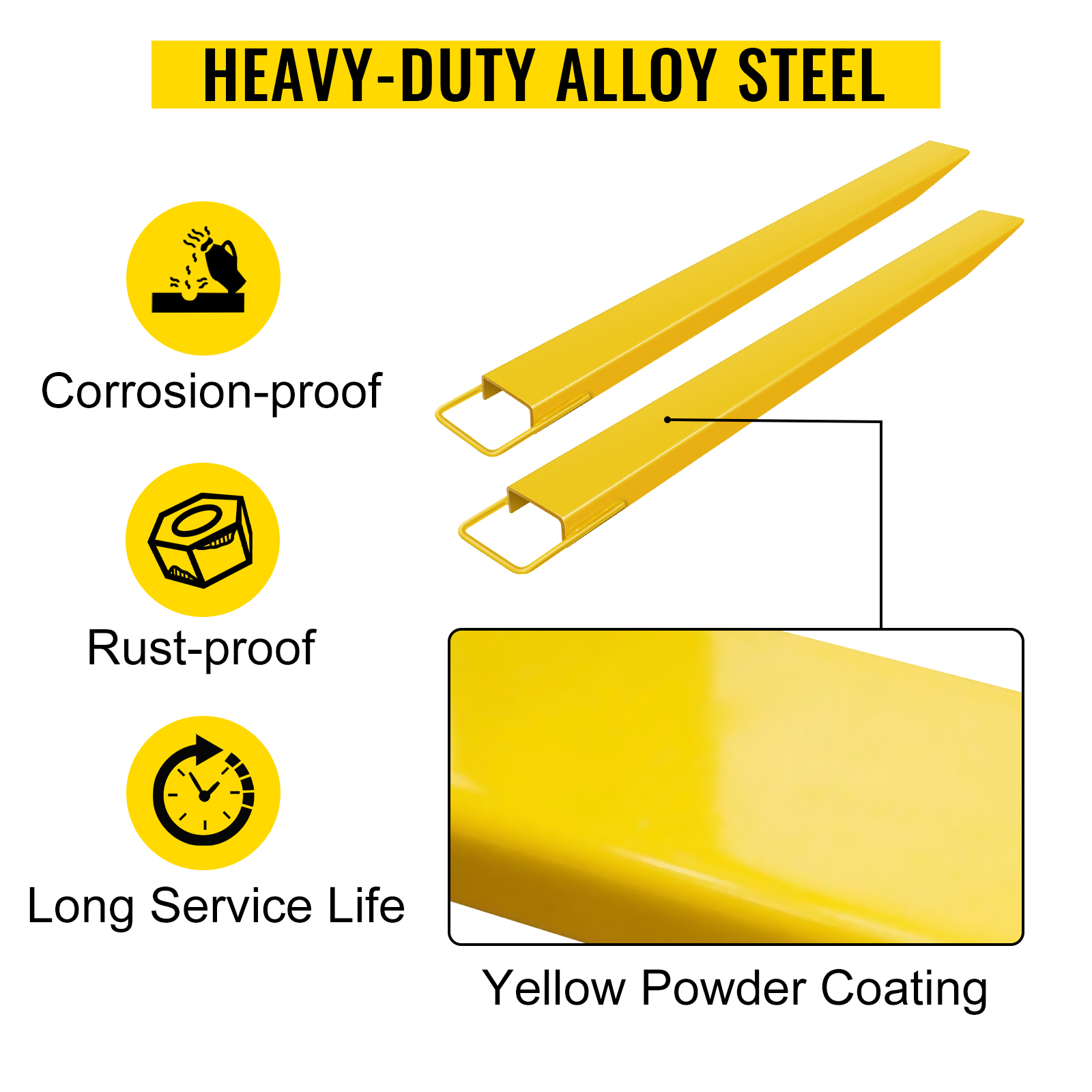 heavy-duty yellow VEVOR pallet fork extension, corrosion-proof and rust-proof steel.