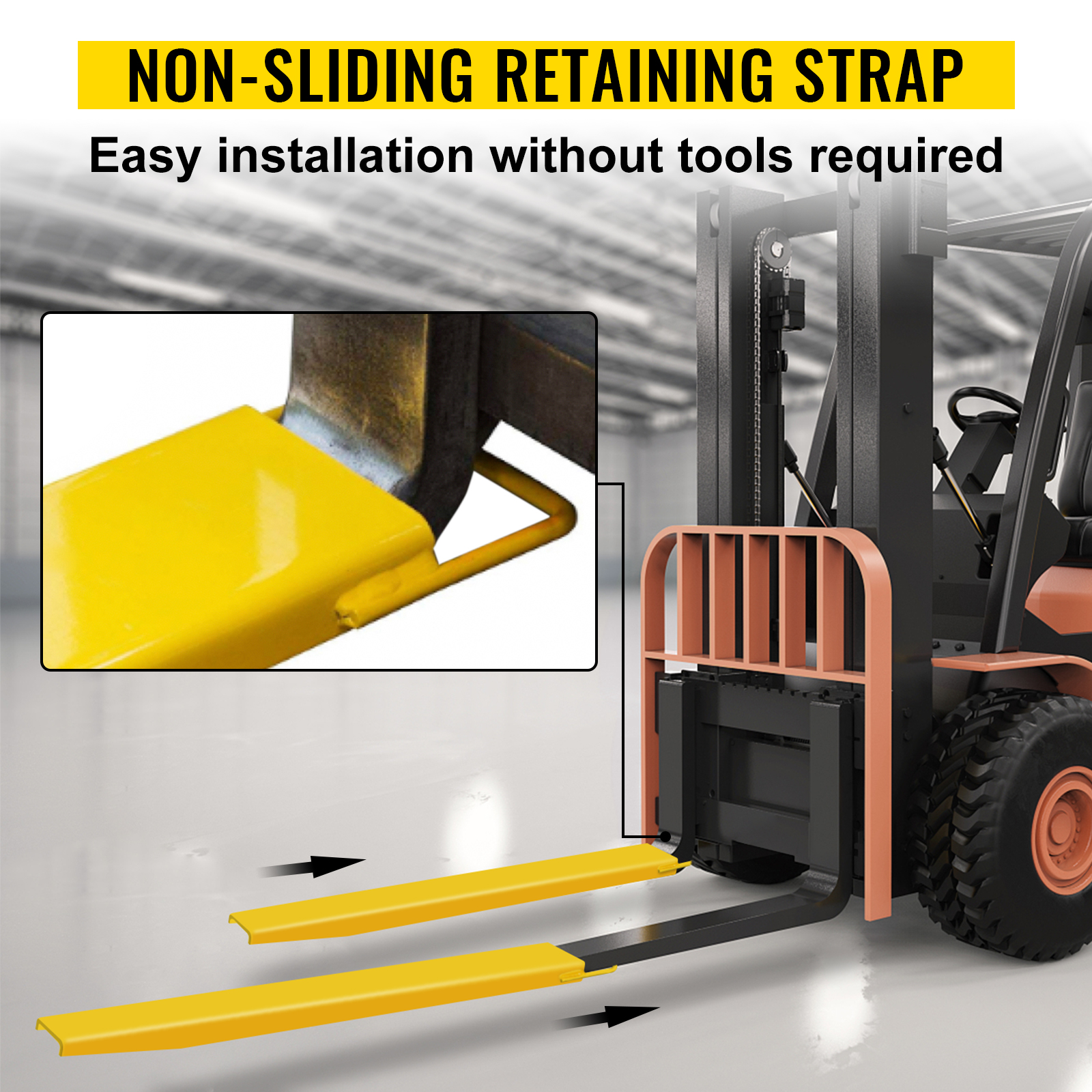 VEVOR pallet fork extensions with non-sliding retaining strap for easy installation.