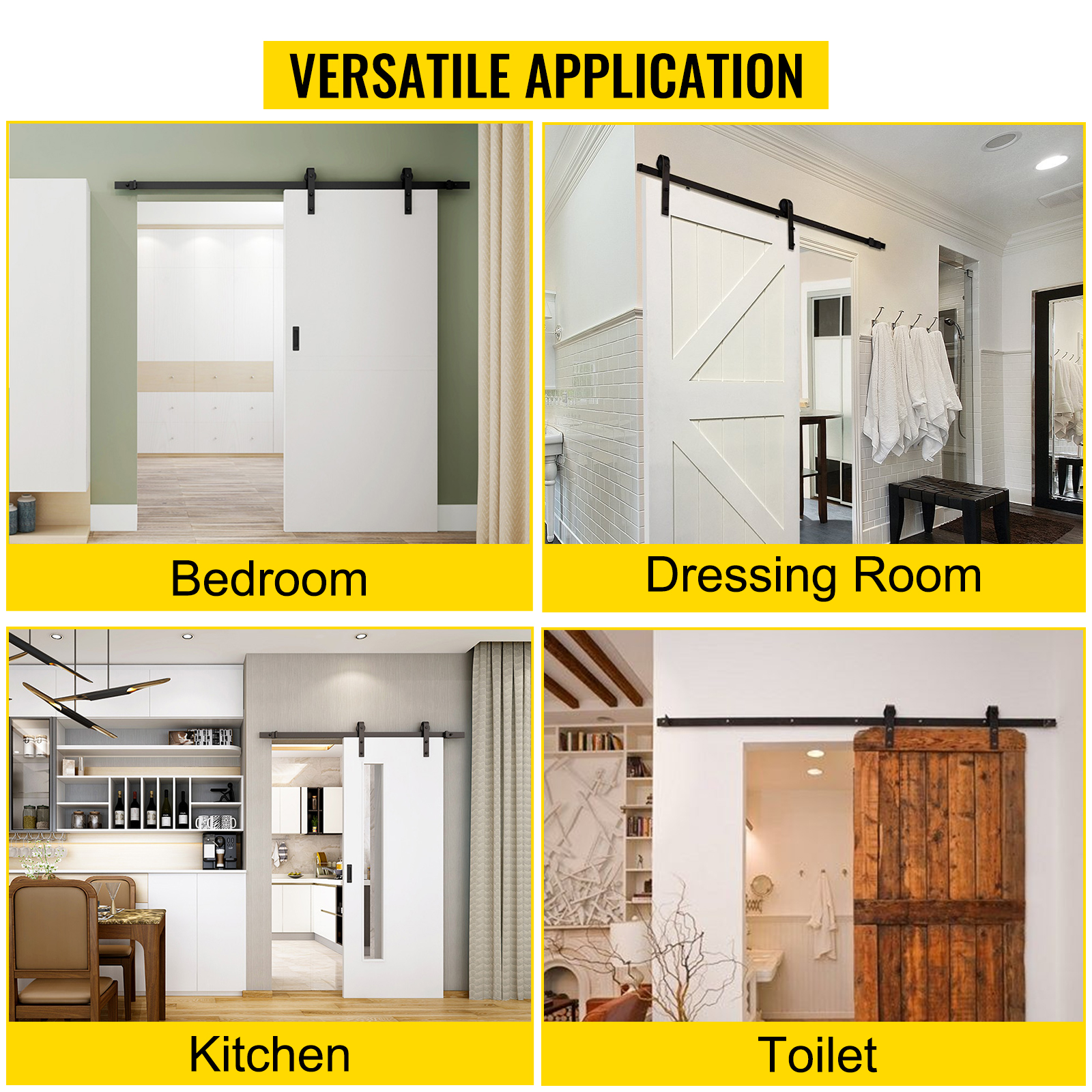 VEVOR barn door hardware kit in bedroom, dressing room, kitchen, and toilet.
