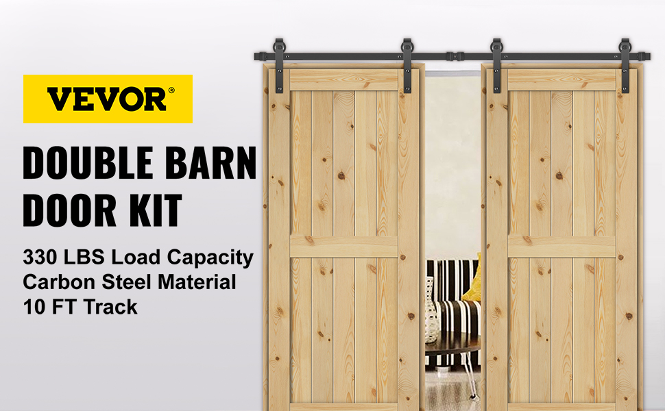 VEVOR sliding barn door hardware kit with double wooden doors and 10 ft track.