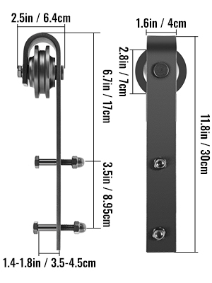 VEVOR sliding barn door hardware kit with measurements and components detailed.