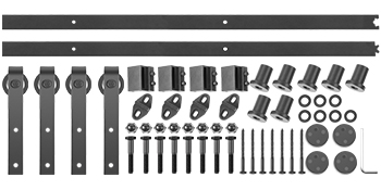 VEVOR sliding barn door hardware kit with rails, rollers, spacers, bolts, and anchors.
