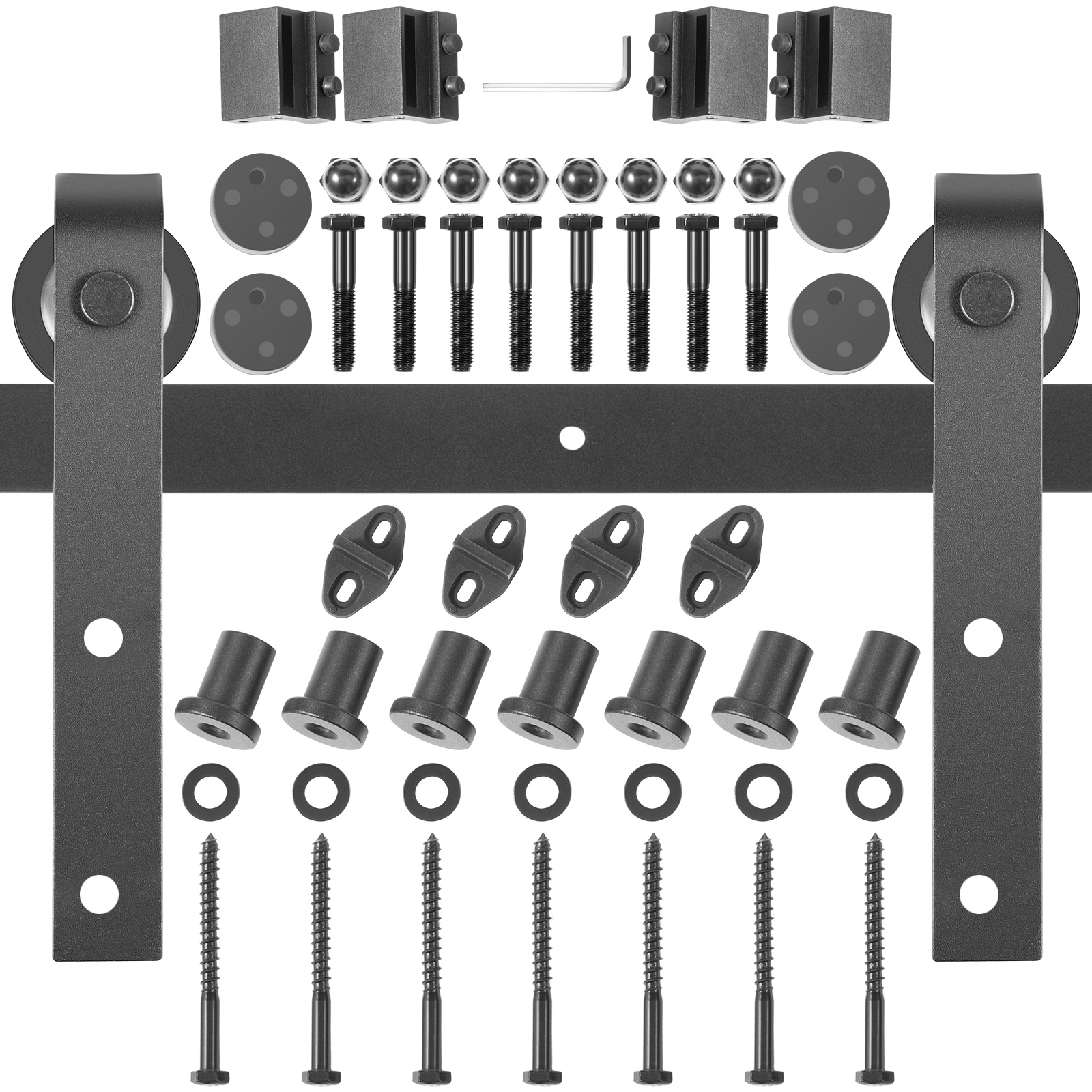 VEVOR sliding barn door hardware kit with bolts, screws, washers, rollers, and stoppers.