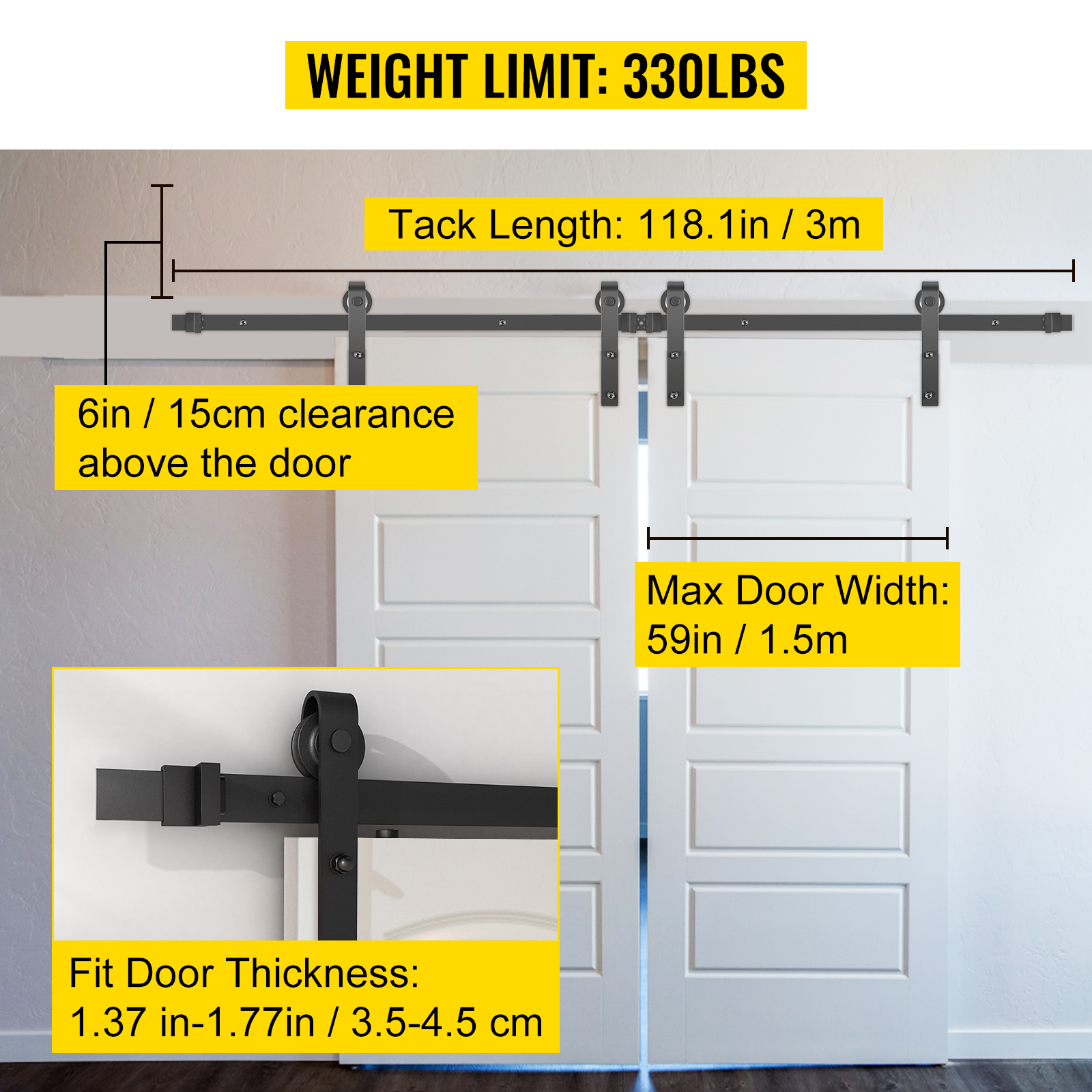 VEVOR sliding barn door hardware kit with 6in clearance, 118.1in track, max width 59in.