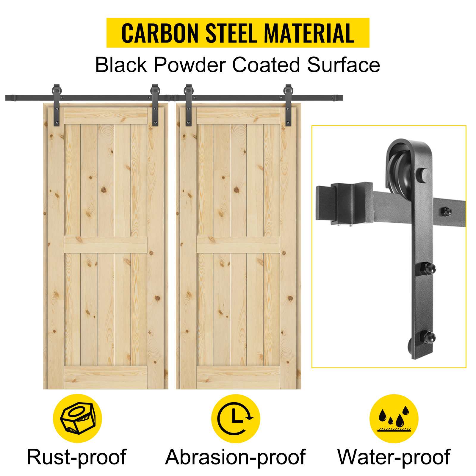 VEVOR sliding barn door hardware kit with carbon steel material and black powder-coated surface.
