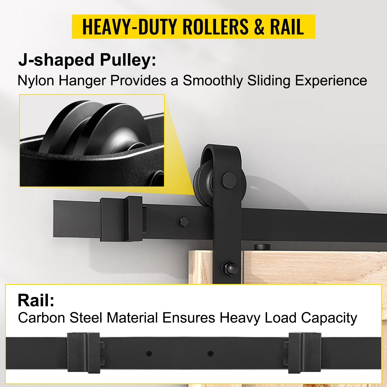 heavy-duty rollers and rail of VEVOR sliding barn door hardware kit with j-shaped pulley.