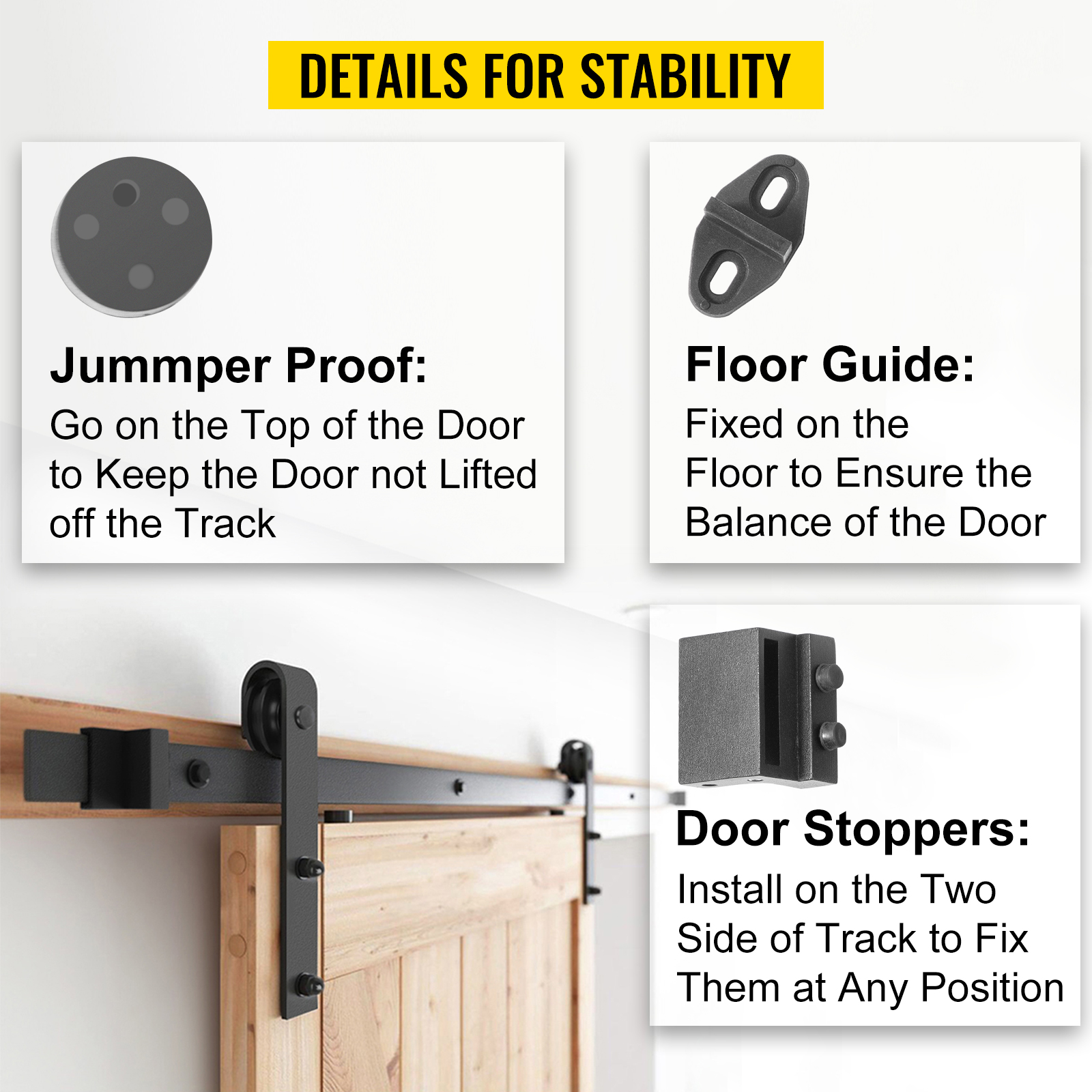 VEVOR sliding barn door hardware kit details: jumper proof, floor guide, door stoppers.