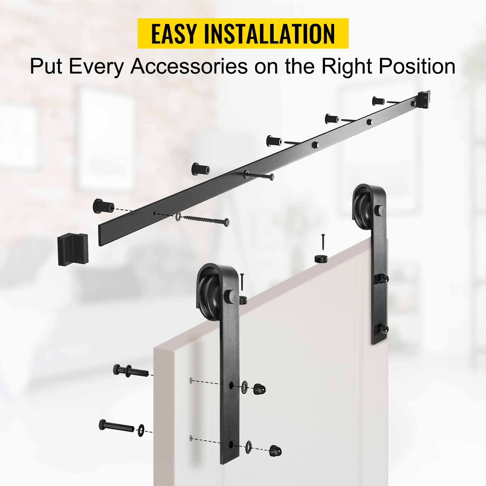 easy installation guide for VEVOR sliding barn door hardware kit with mounting parts.