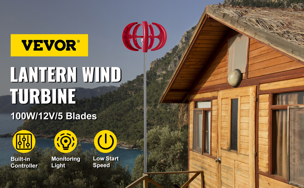 VEVOR lantern wind turbine near a wooden cabin, 100w, 12v, 5 blades in a scenic setting.