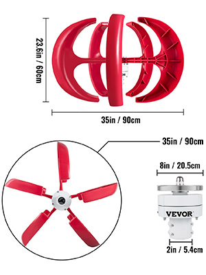 VEVOR lantern wind turbine dimensions and components in red and white.