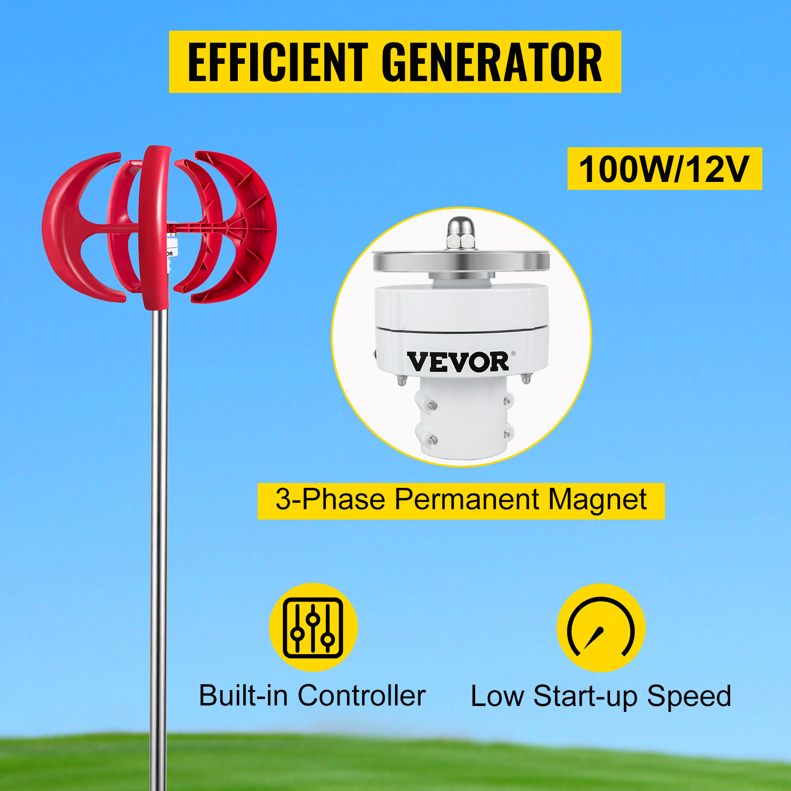 VEVOR lantern wind turbine, 100w/12v, efficient generator with low start-up speed.