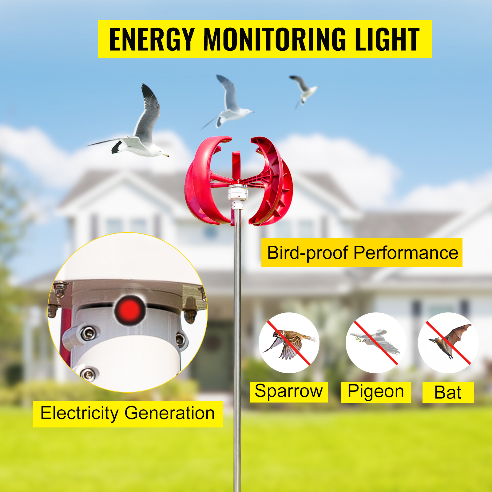 VEVOR lantern wind turbine with bird-proof performance and electricity generation.