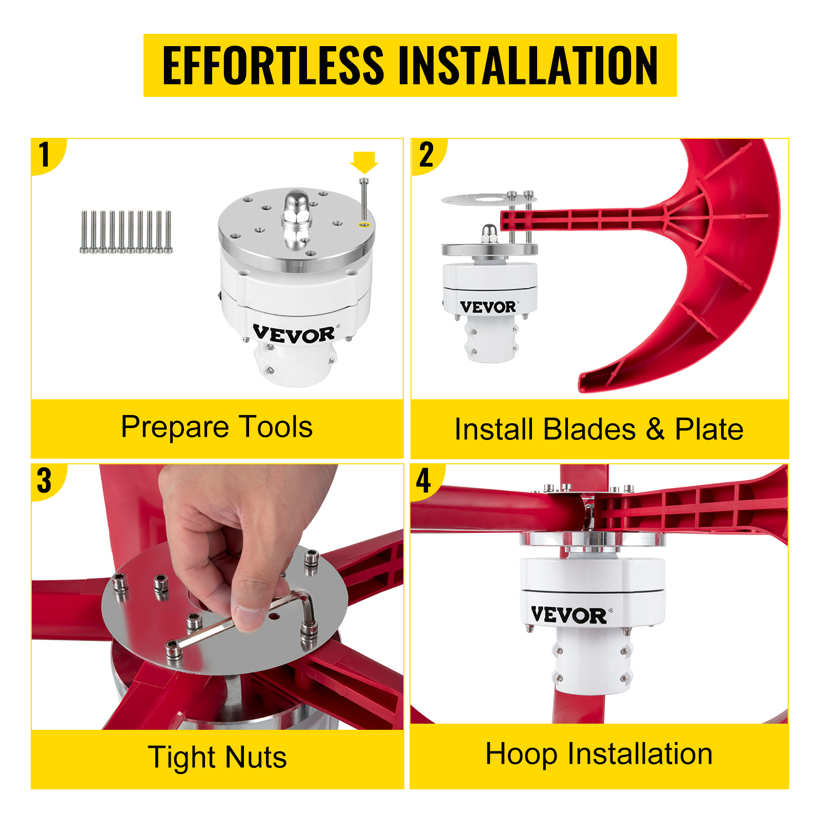 VEVOR lantern wind turbine installation steps: tools, blades, nuts, hoop. effortless setup.