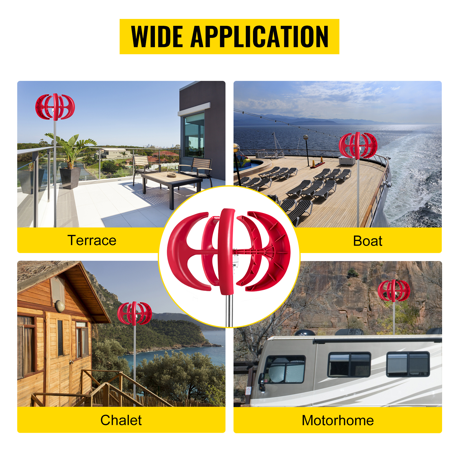 VEVOR lantern wind turbine on terrace, boat, chalet, and motorhome. wide application.