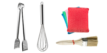 set of kitchen tools including tongs, whisk, scrubbers, and brushes.