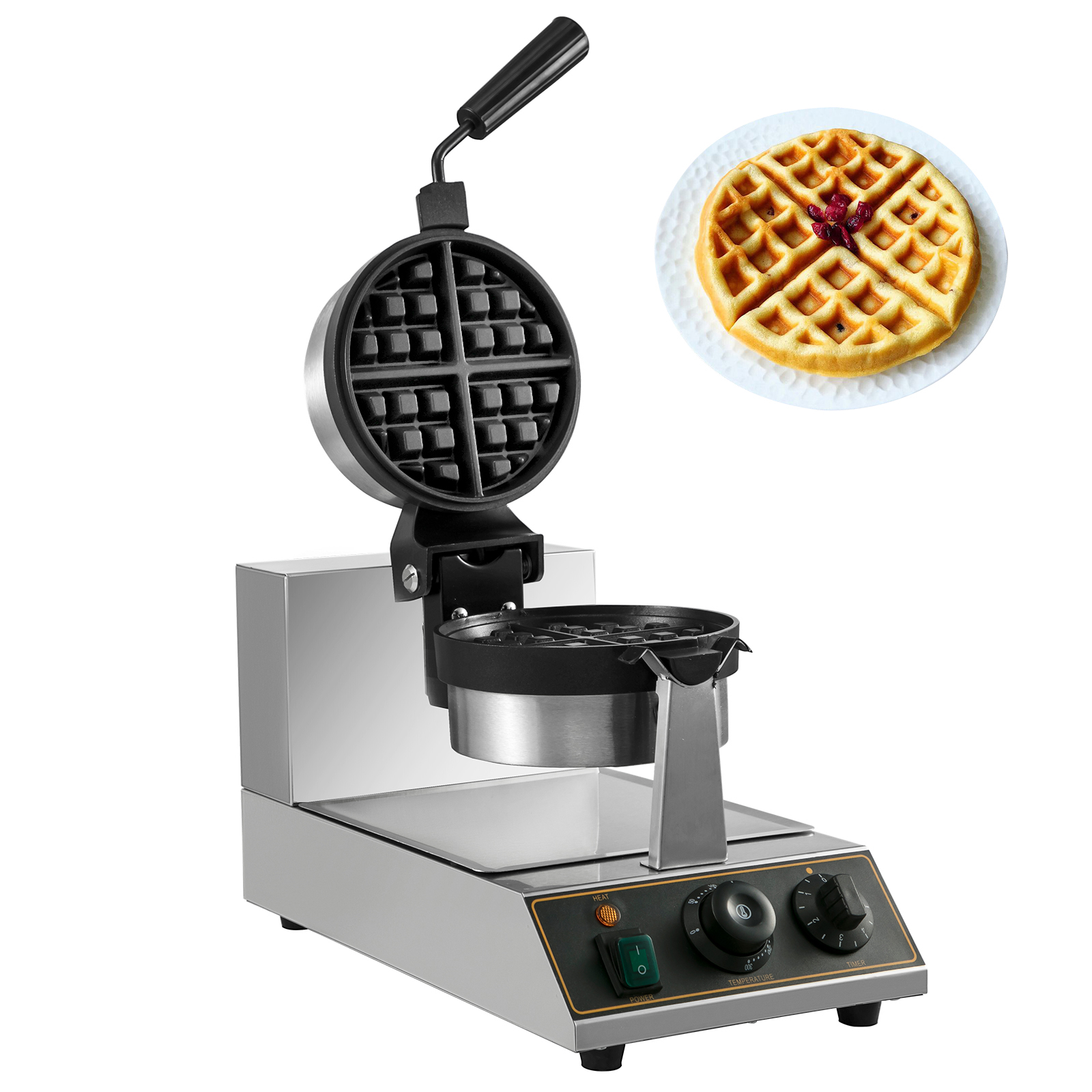 VEVOR commercial waffle maker with finished waffle on a plate.