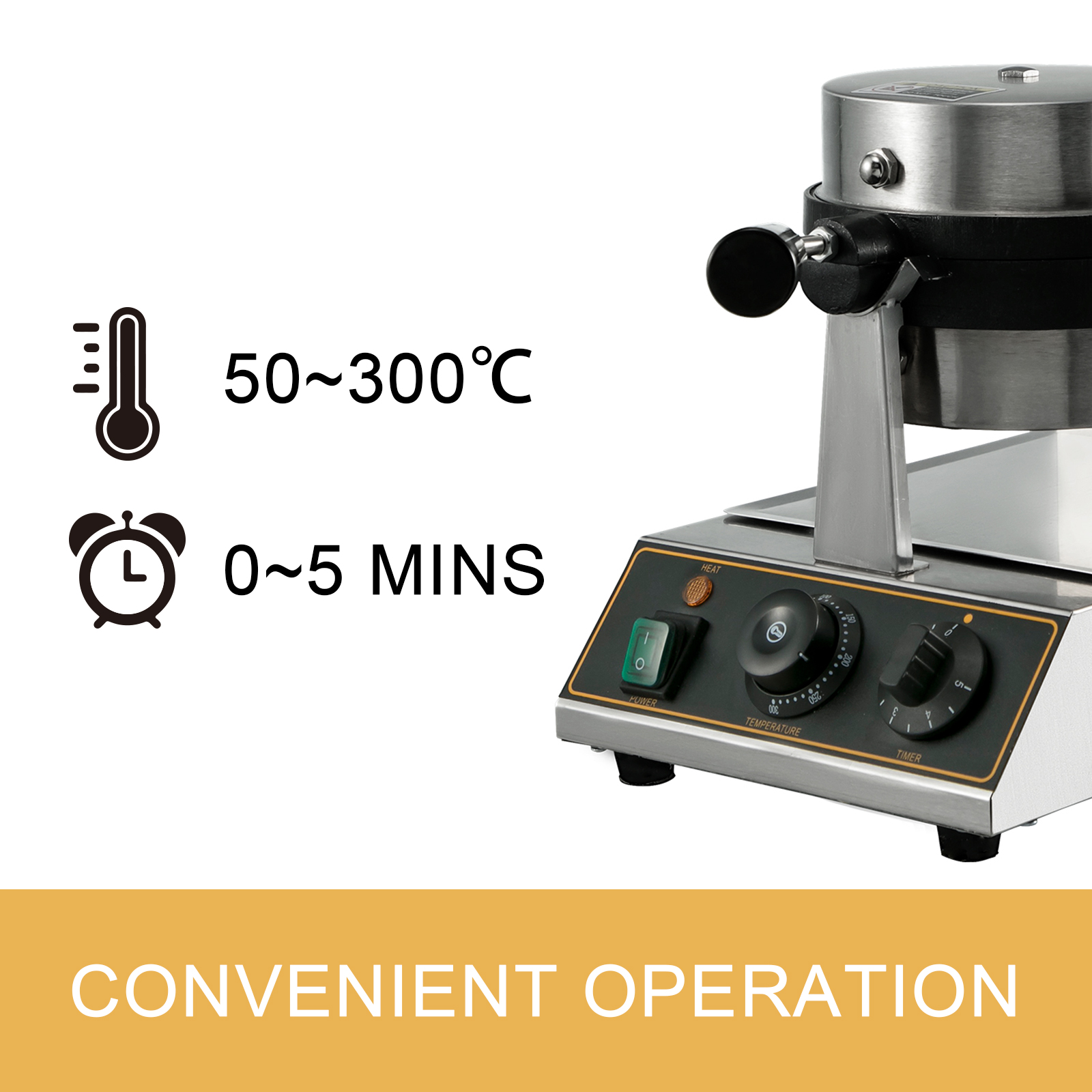 VEVOR commercial waffle maker temperature control 50–300°c, timer 0-5 mins, convenient operation.